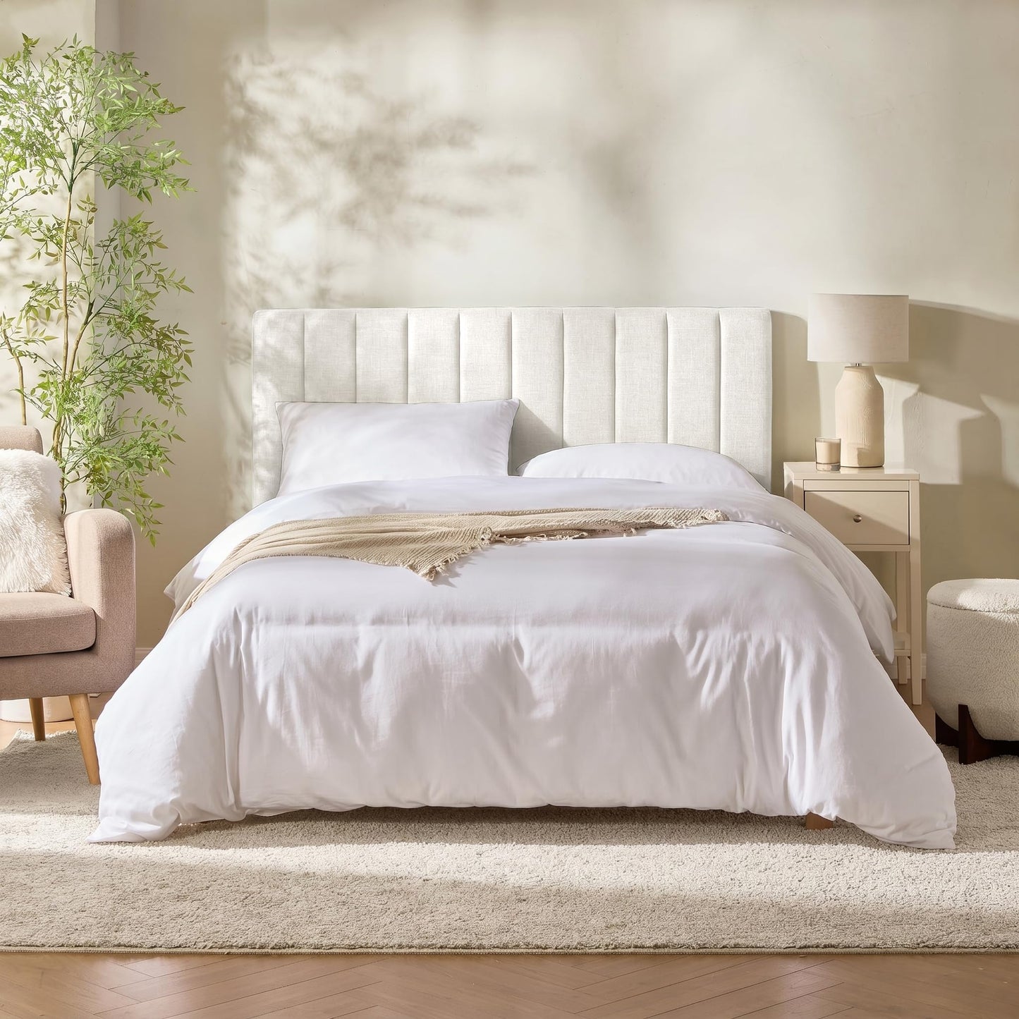 Hearth & Harbor Upholstered Queen Headboard - Easy Assemble Channel Stitched Headboard Queen Size - Wall Mounted Headboards with 3D Soundproof Wall Panels Peel & Stick Floating Headboards, Off White