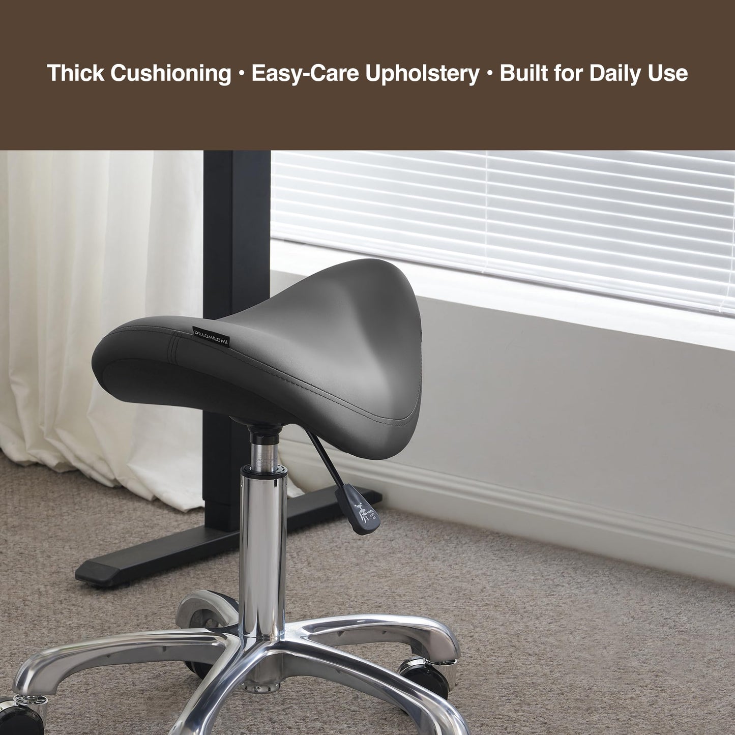 DR.LOMILOMI Ergonomic Saddle Stool, Adjustable Pneumatic Swivel Rolling Saddle Seat with Wheels for Hygienic, SPA, Salon, Home and Office, Haku 506 Series, Black