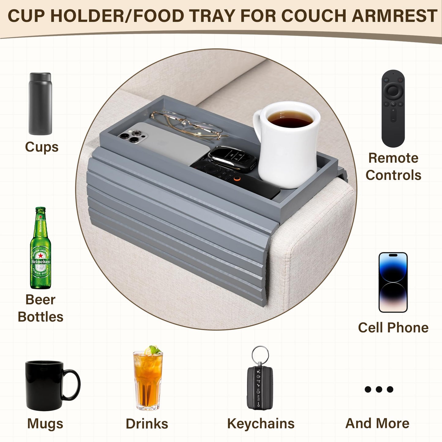 YUBAMIN Bamboo Sofa Arm Tray, Anti-Dropping Couch Arm Tray, Foldable Sofa Armrest Tray Couch Arm Table for Eats, Drinks, Snacks, Remote, Cellphone, Cup Holder, Back Anti-Slip Pad Design