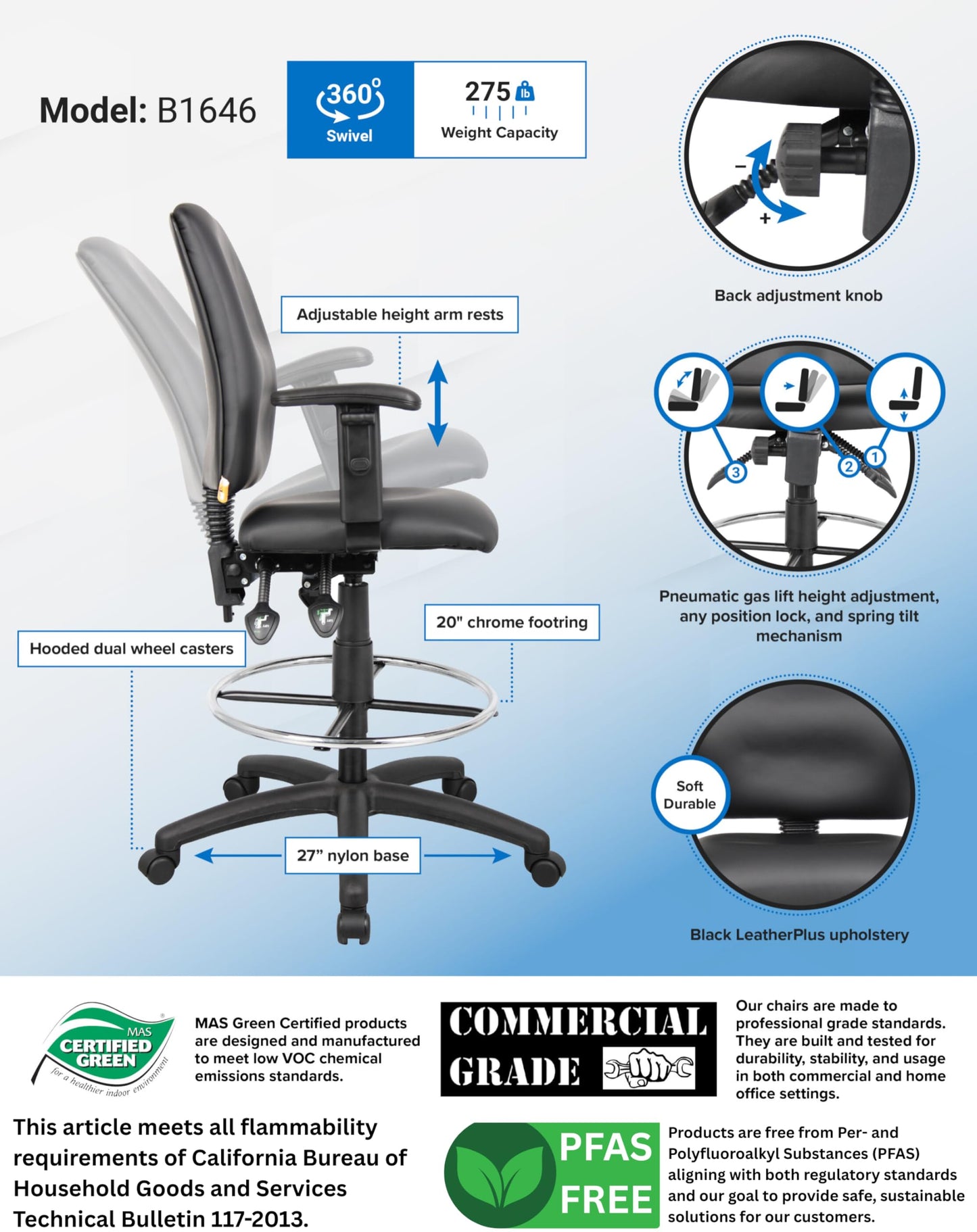 BOSS Office Products B1646 Multi-Function LeatherPlus Drafting Stool with Adjustable Arms, Black
