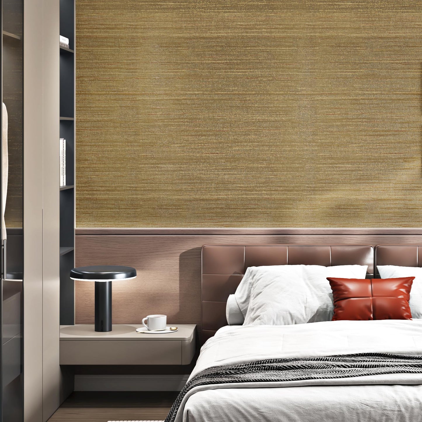 STICKEEP Brown Gold Grasscloth Wallpaper Textured Peel and Stick Fabric Wallpaper Gold Contact Paper 17.7"x315" Luxury Golden Grasscloth Vinyl Wall Paper for Bathroom Bedroom Living Room Wall Decor