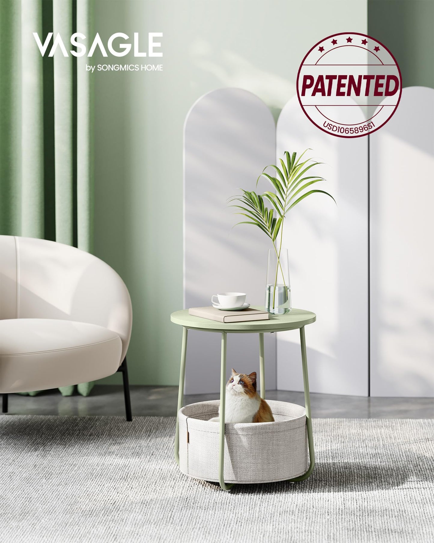 VASAGLE LILEA Collection - Small Round Side End Table, Modern Nightstand with Fabric Basket, Laurel Green and Cream White ULET223C69