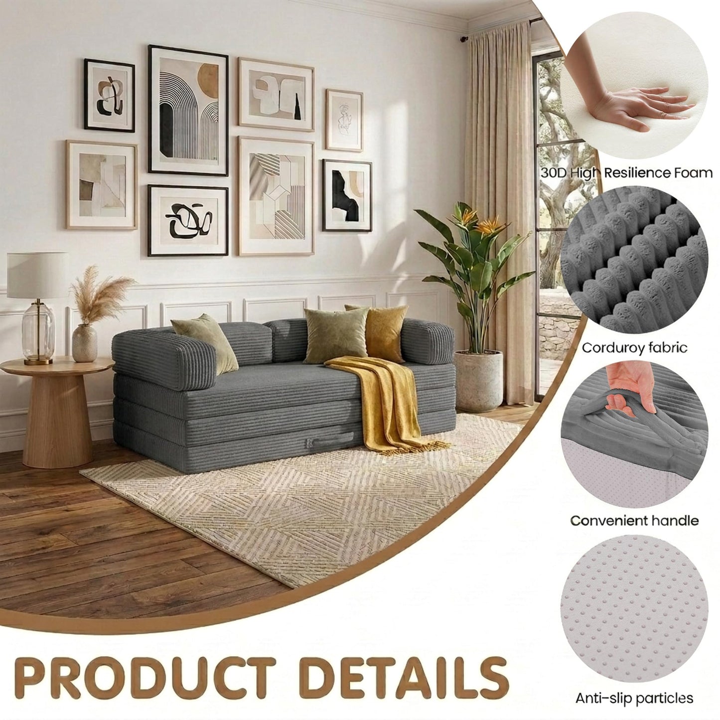 NLDD Convertible Sofa Bed King,5-in-1 Folding Boneless Couch Corduroy Futon Sofa Bed,Tri-Fold Mattress with Removable Armrests & Handle,Sleeper with Pull Out Bed for Small Space Living Room Bedroom