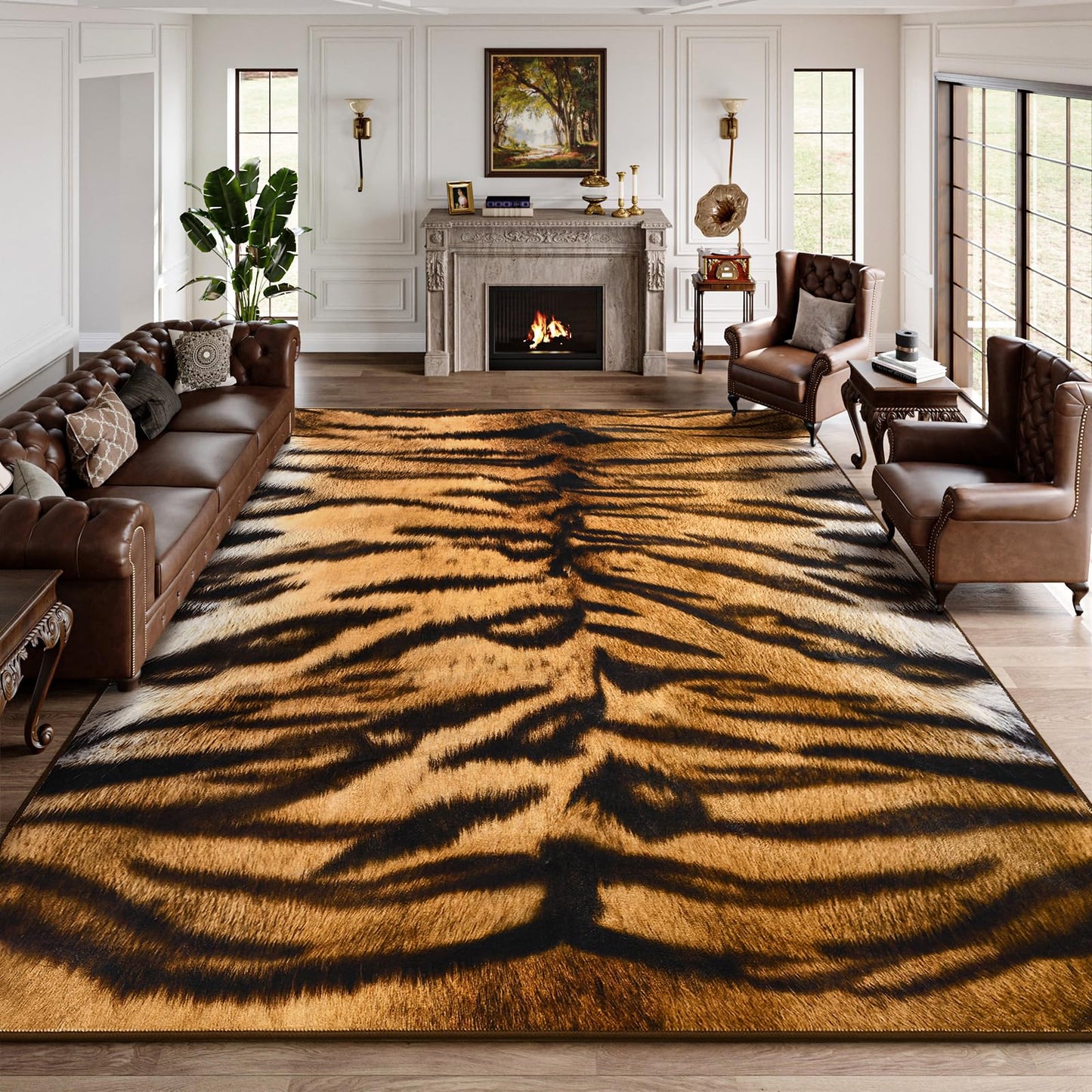 DweIke Tiger Rugs for Living Room, 5x7 Soft Faux Animal Tiger Print Area Rug, Washable Non-Slip Stain Resistant Throw Carpet for Dining Room Office Western Home Decor