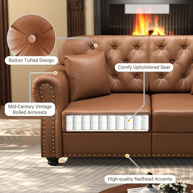KEIKI 83" Faux Leather Chesterfield Sofa