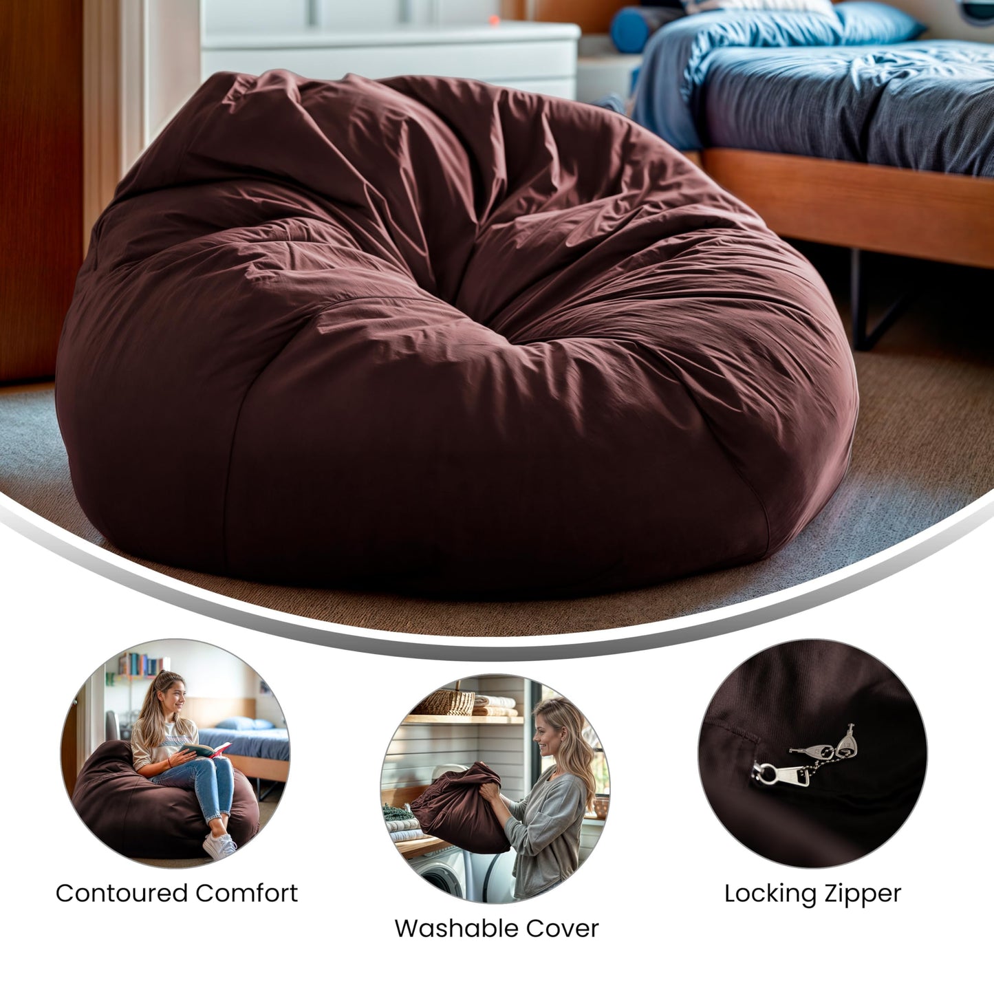 Flash Furniture Duncan Oversized Bean Bag Chair for Kids and Adults, Foam-Filled Beanbag Chair with Machine Washable Cover, Brown