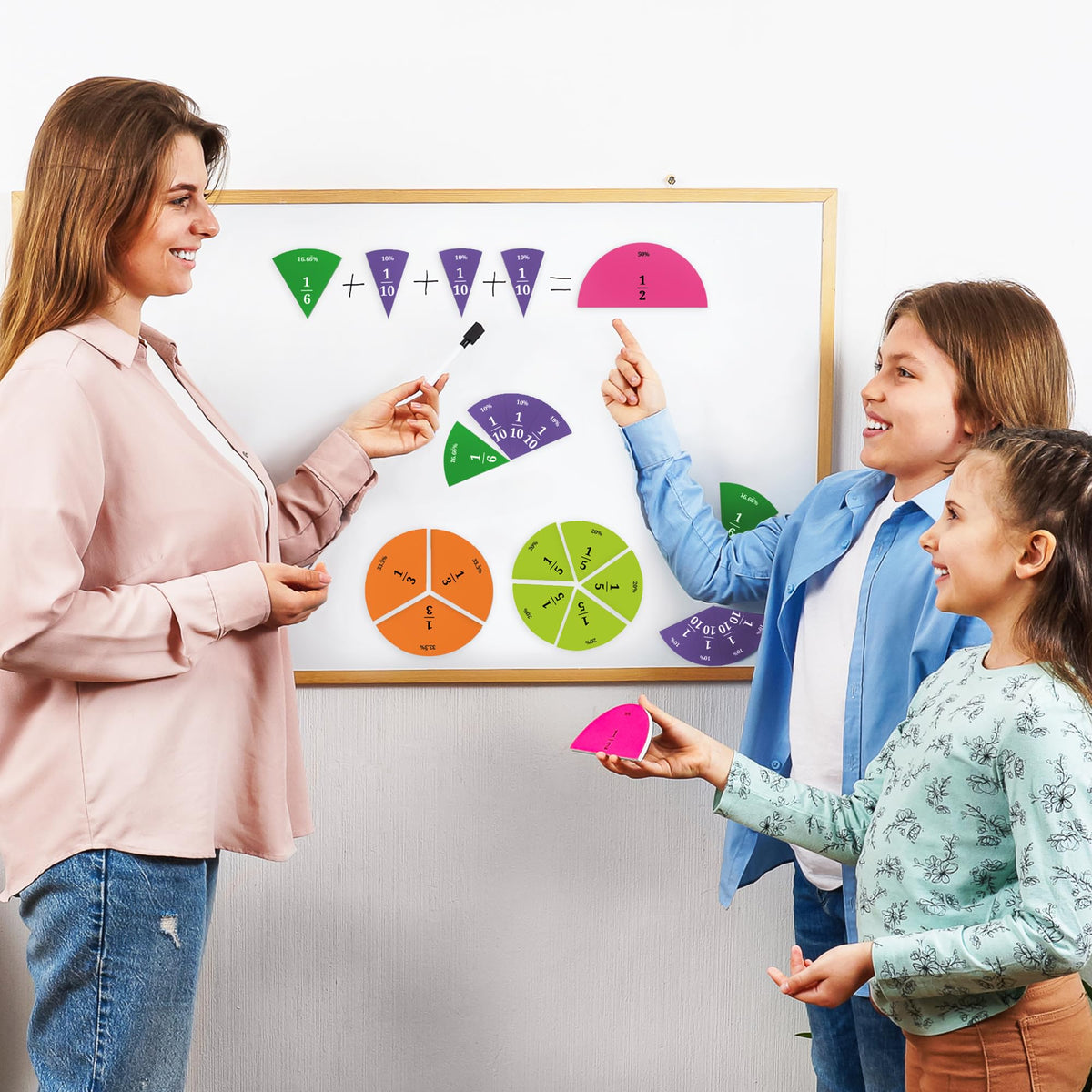 166 PCS Simply Magic Magnetic Fraction Tiles & Fraction Circles with Percentages - Fraction & Percent Strips & Bars, Fraction Manipulatives Class Set, Teaching Learning Fractions, Math Manipulatives