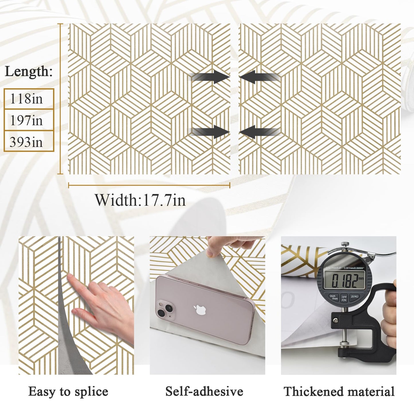 MelunMer Geometric Peel and Stick Wallpaper Gold 118In L 17.7In W Self Adhesive Removable Wallpaper for Bedroom/Bathroom Waterproof Modern Contact Paper for Cabinets Gold Contact Paper Shelf Liner