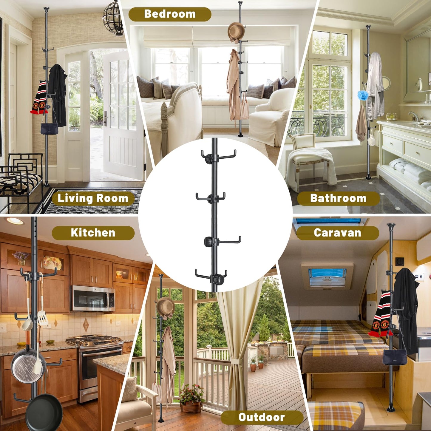 TAILERNRUYE Coat Rack Freestanding,Adjustable 56-125 inch Tension Rod Coat Tree 12 Hooks Hanger Stand for Coat Hat Bedroom Livingroom Kitchen Bathroom Apartment Entryway Hall Office Black