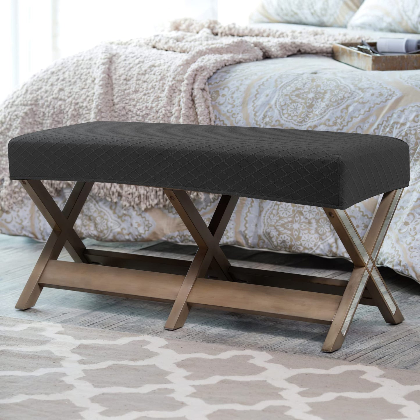 Fuloon Stretch Jacquard Dining Bench Cover - Anti-Dust Removable Bench Slipcover Washable Seat Cushion Protector for Bedroom, Kitchen, Hotel, Banquet (Black)