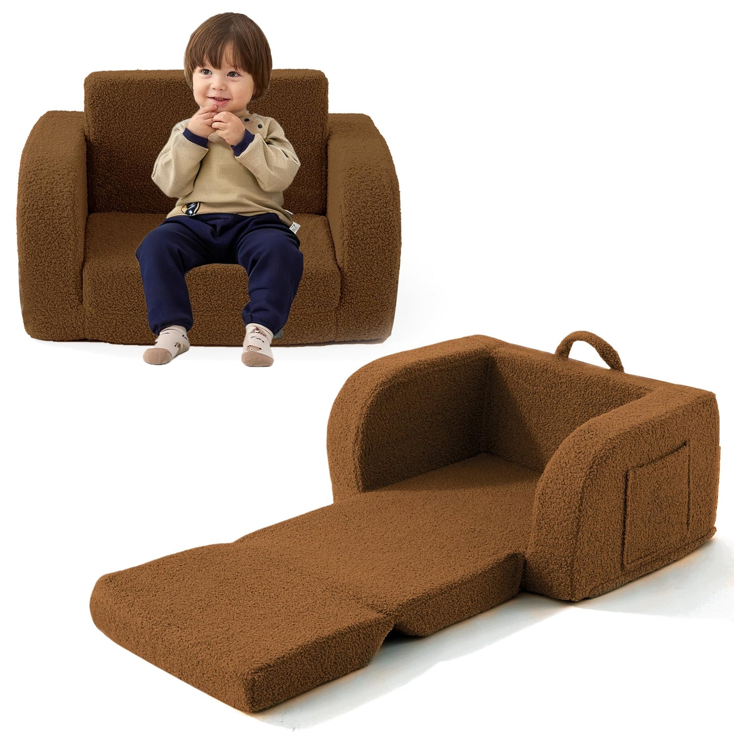 Toddler Couch, 2-in-1 Toddler Chairs Comfy 1-3 Years Old, Toddler Chair for Girls and Boys, Kids Couch Bed Fold Out, Convertible Baby Sofa to Lounge Chair for Playing, Reading, Napping, Brown