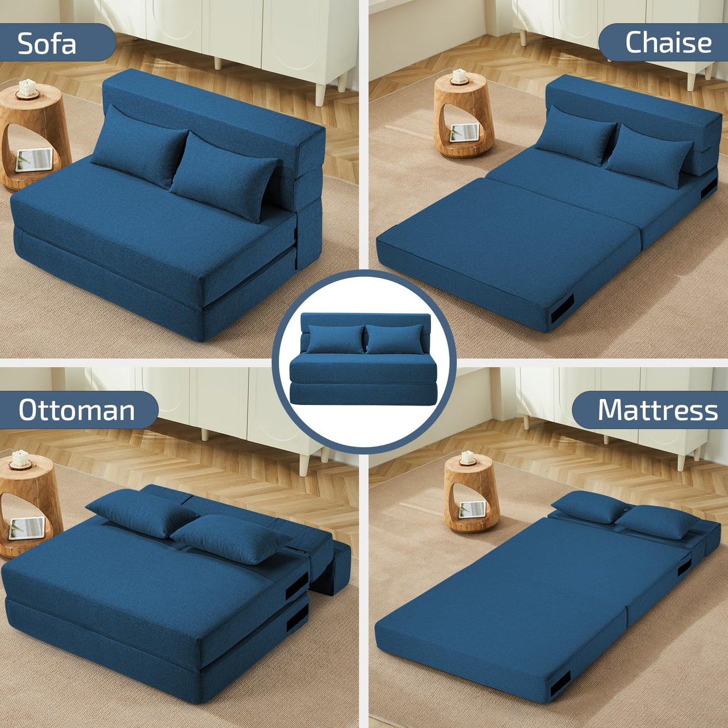 SUYOLS Folding Sofa Bed with Pillow- Convertible Chair Floor Couch & Sleeping Mattress, Foldable Memory Foam Sleeper for Living Room/Dorm/Guest Room/Home Office/Apartment/Loft,Twin,Navy Blue