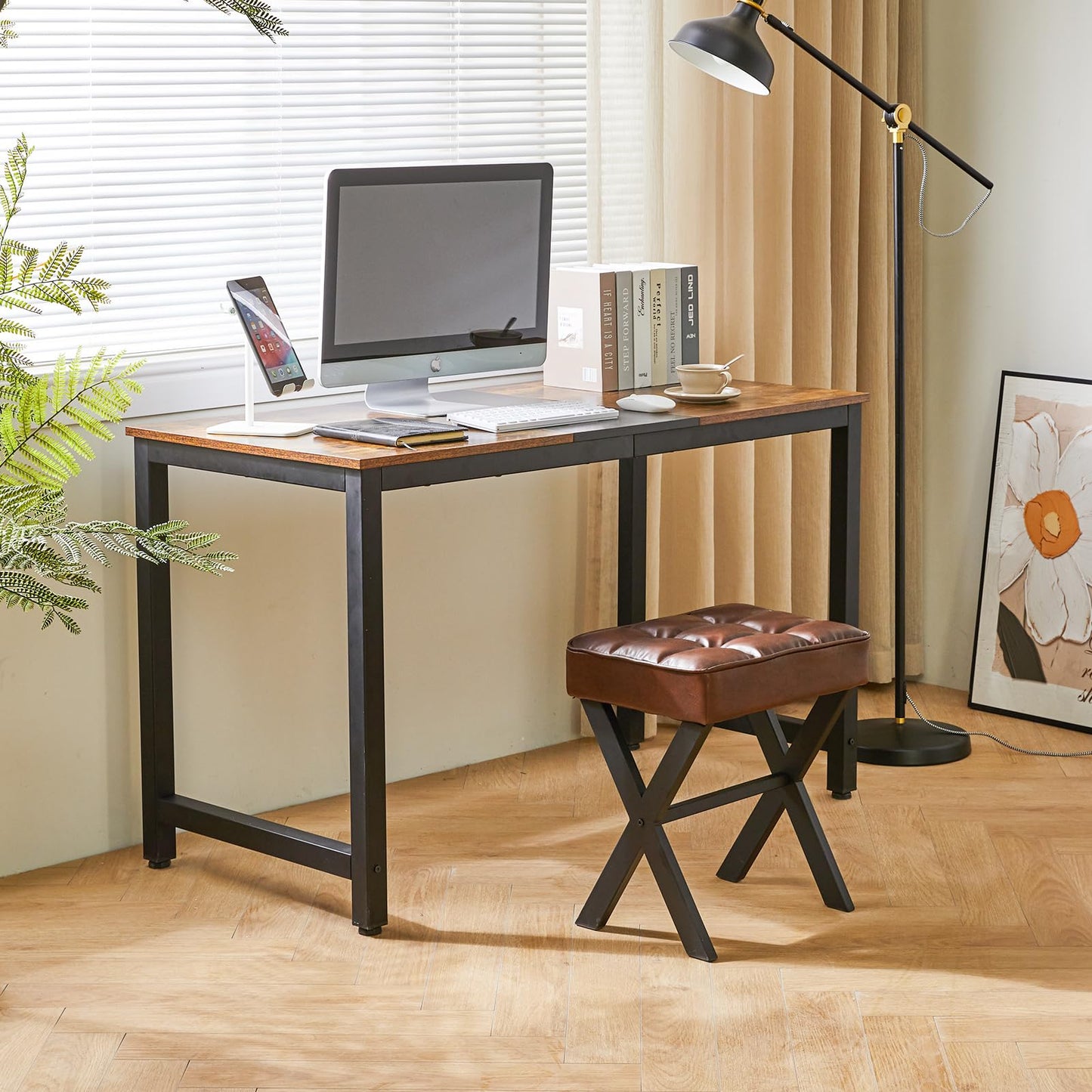 IBUYKE Square Makeup Stool with X-Leg Foot Rest, PU Footrest, Ottoman Seat, Multi-Use as Small Side Table, for Bedroom, Living Room, Light Brown LG-71J
