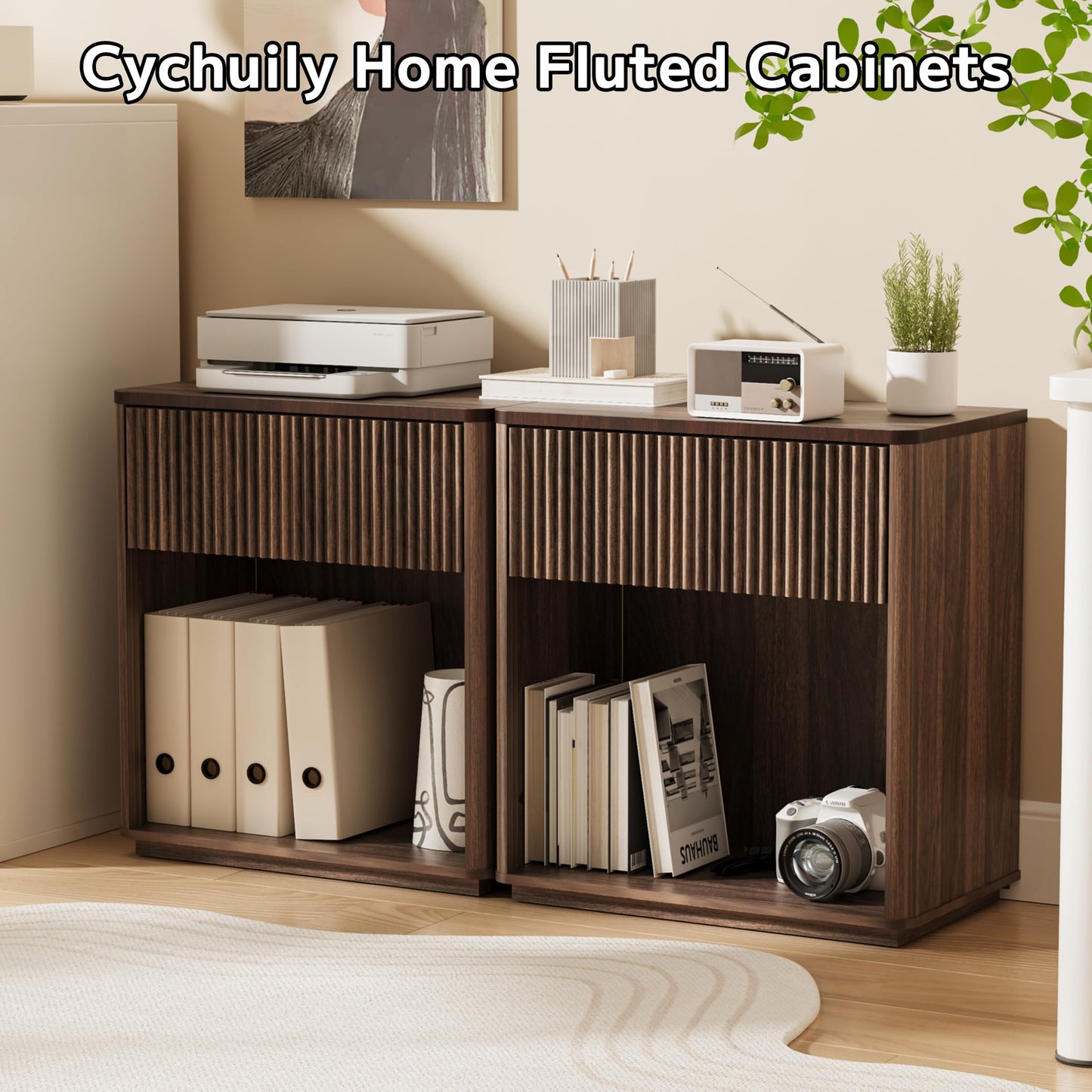 Cychuily Modern Fluted Nightstand Set of 2 for Bedroom, Mid Century Bedside Table with Drawer & Open Shelf, Wood End Table, Farmhouse Night Stand for Home, Hallway, Office, Walnut