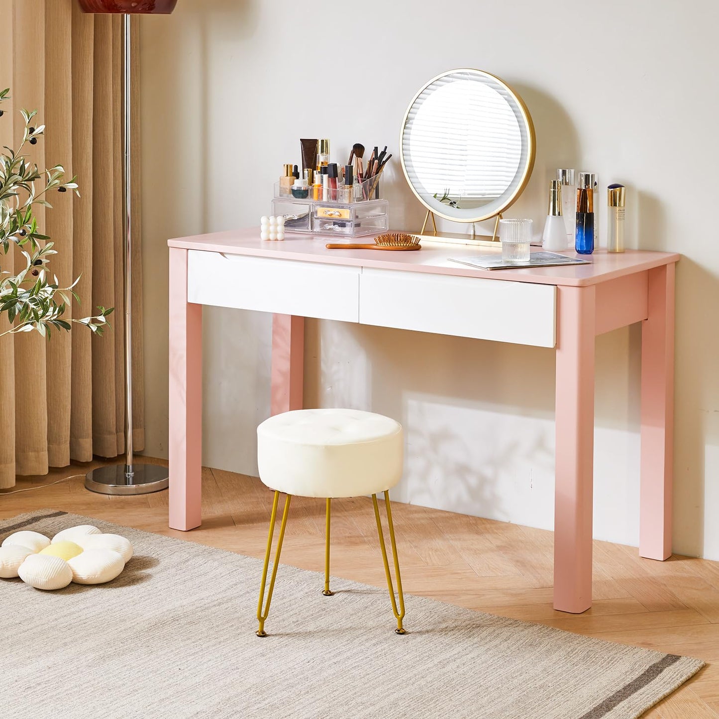 IBUYKE Faux Leather Round Footrest Stool, Makeup Vanity Stool Side Table, PU Dressing Table Seat, Pouf Couch Stool, Golden Steel Legs, White LG-31W