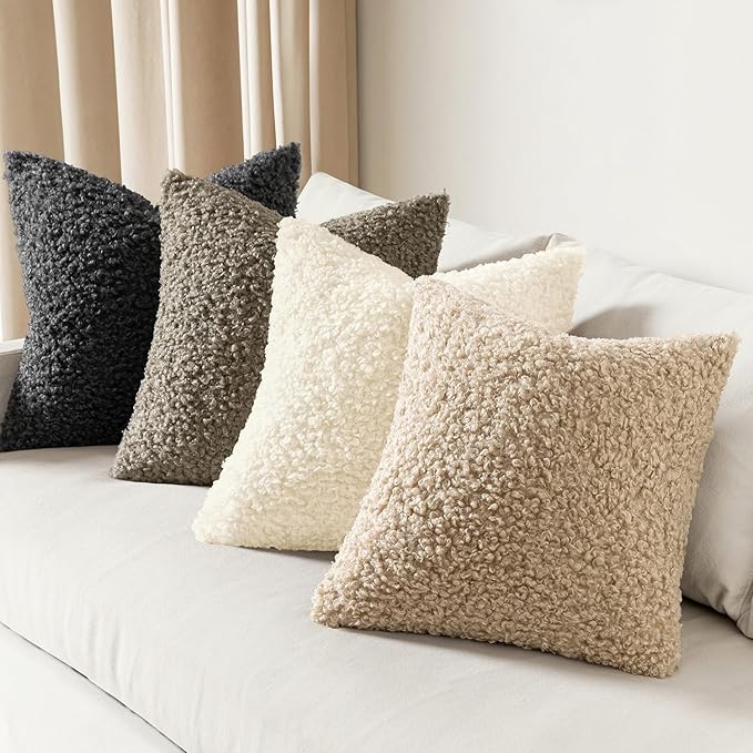 Faux Fur Throw Pillow Covers 20x20 Inch Set of 2 Boucle Neutral Decorative