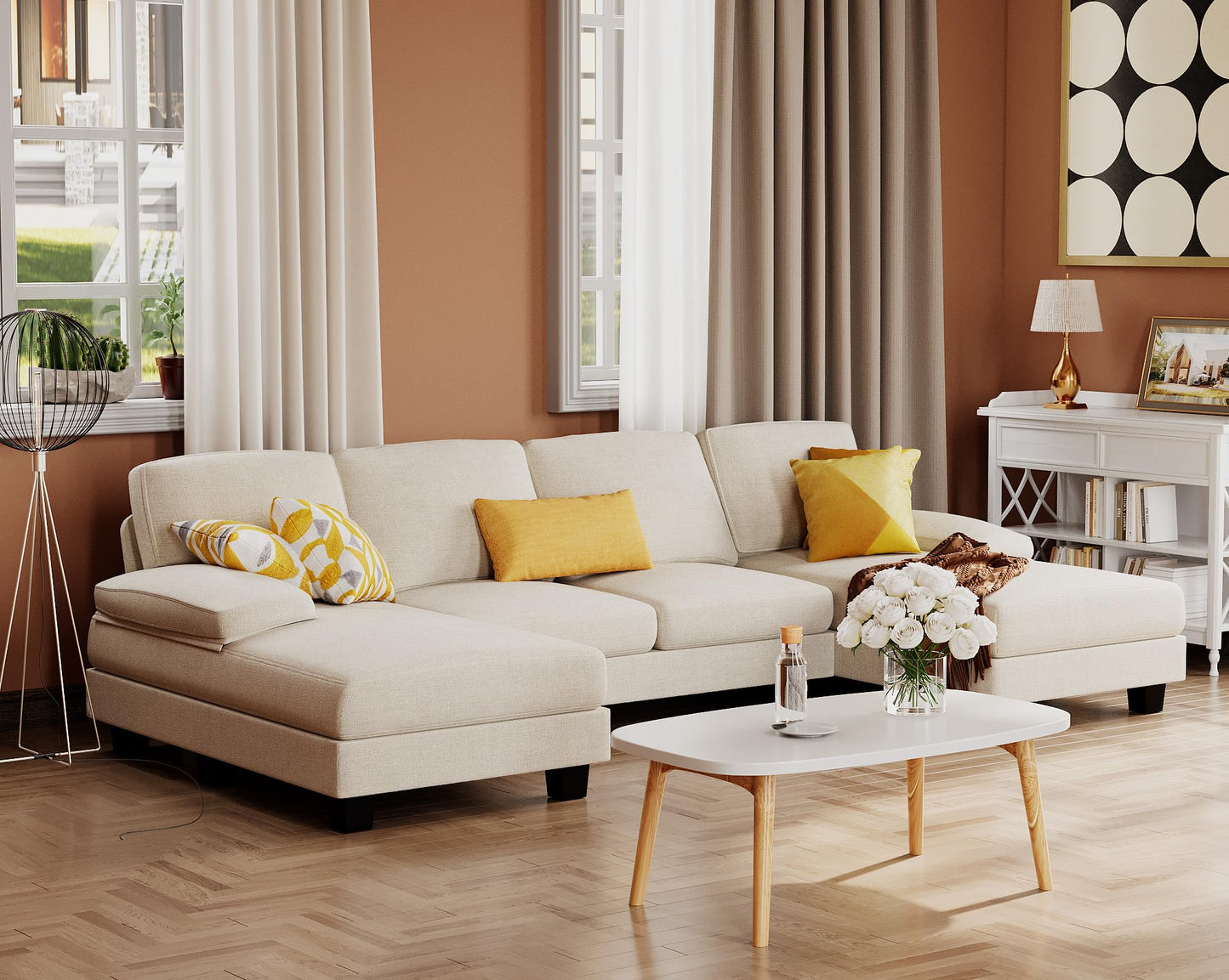 Furmax Sectional Couches for Living Room, U-Shaped Sofa Couch with Linen Fabric, 4 Seat Sofa Set with Double Chaise for Apartment (Chenille, White)