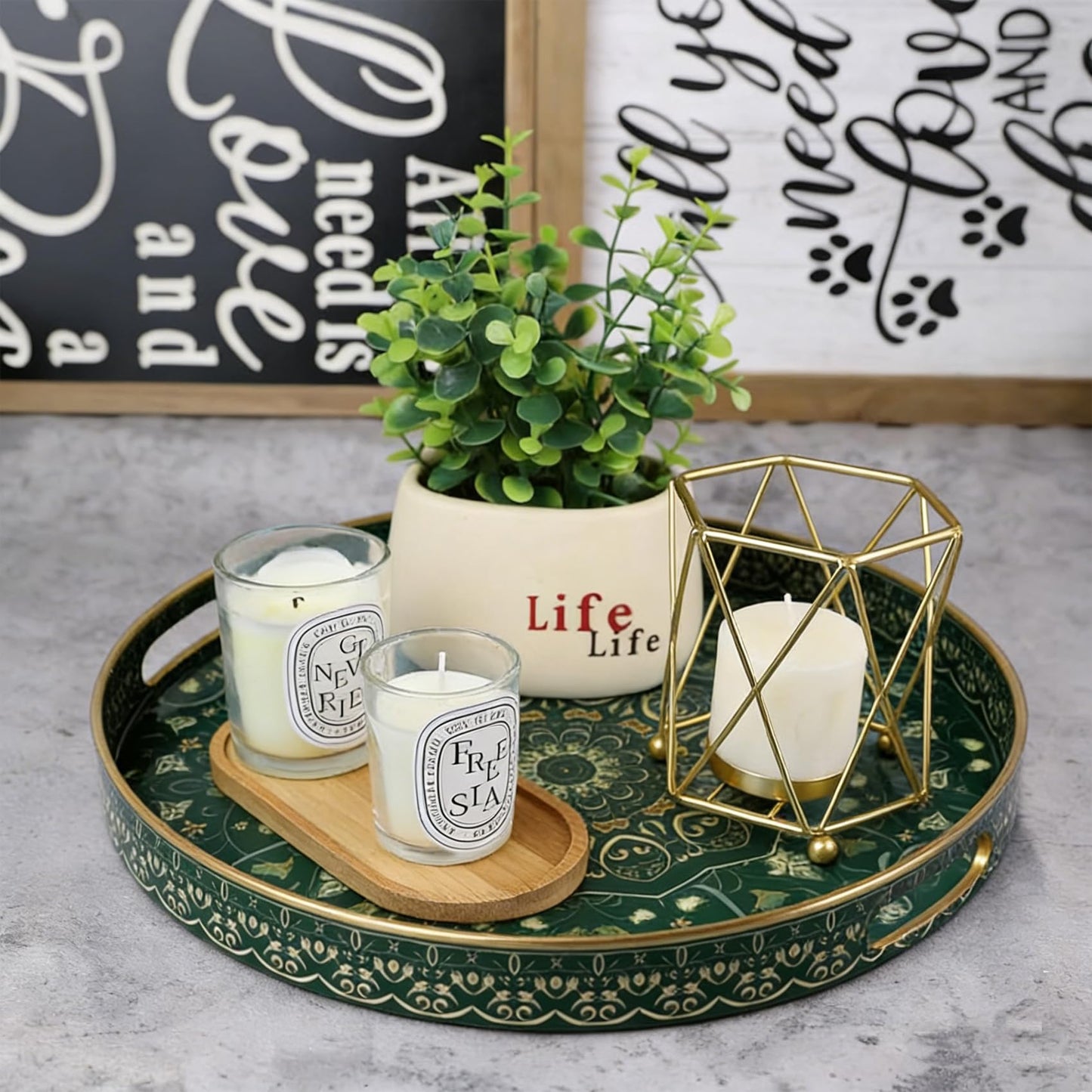Fuukou Round Serving Tray with Handles - Large Round Ottoman Tray Coffee Table Tray,Plastic Decorative Serving Trays for Coffee Table,Round Boho Tray for Ottoman Living Room