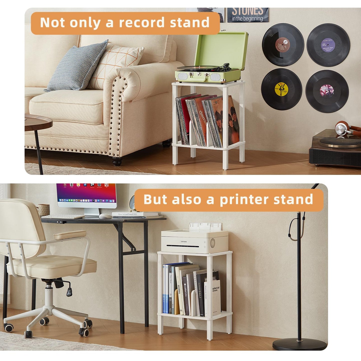 LELELINKY 2-Tier Record Player Stand with Vinyl Record Storage up to 100 Albums, Bedroom Record Holder and Multi-Functional End Table for Living Room, Grey White