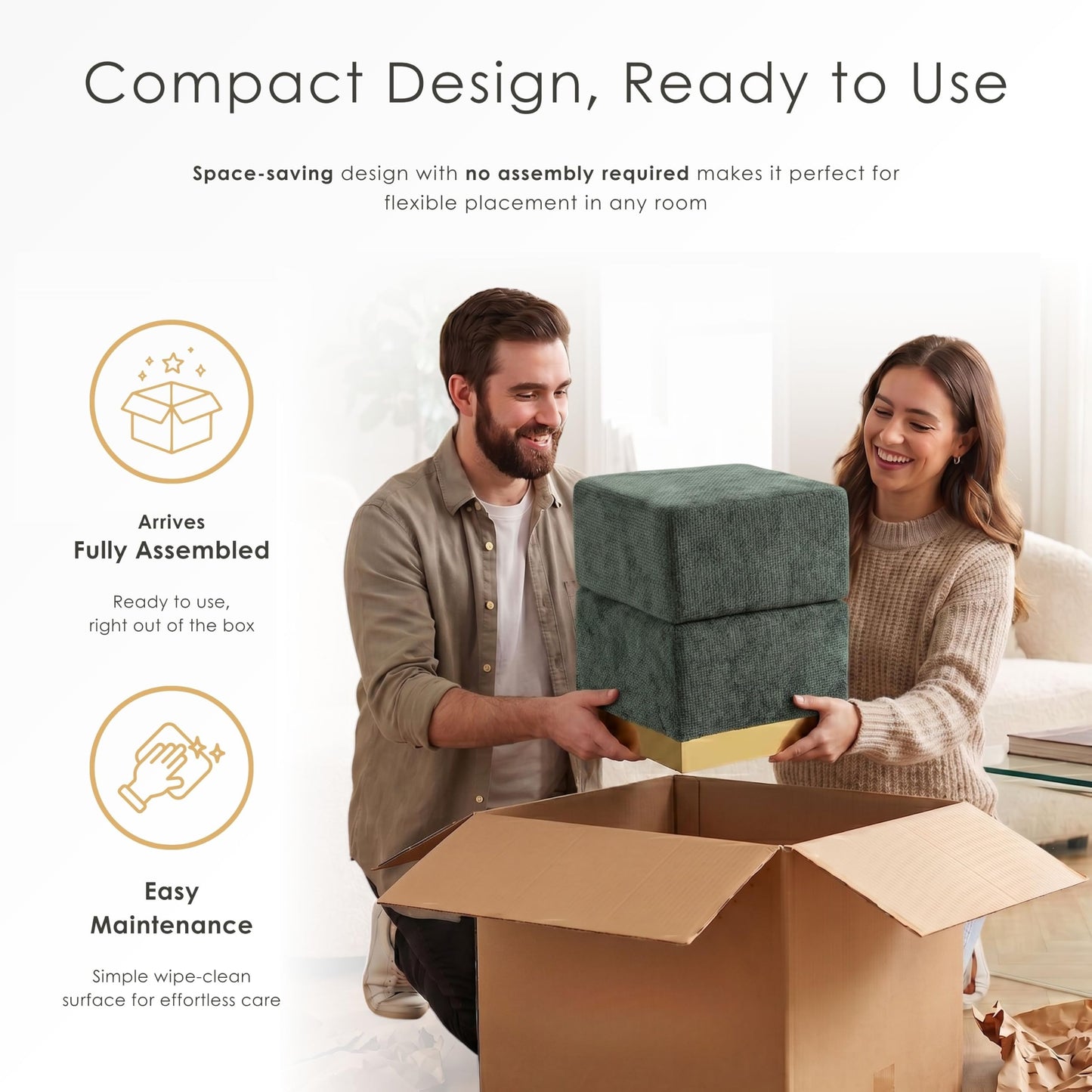 Furniture of America Renzo Modern 15-inch Chenille Cube Ottoman with Storage Compartment and Stainless Steel Base, Vanity Stool Chair, Small Foot Stool for Bedroom, Living Room, Entryway, Beige