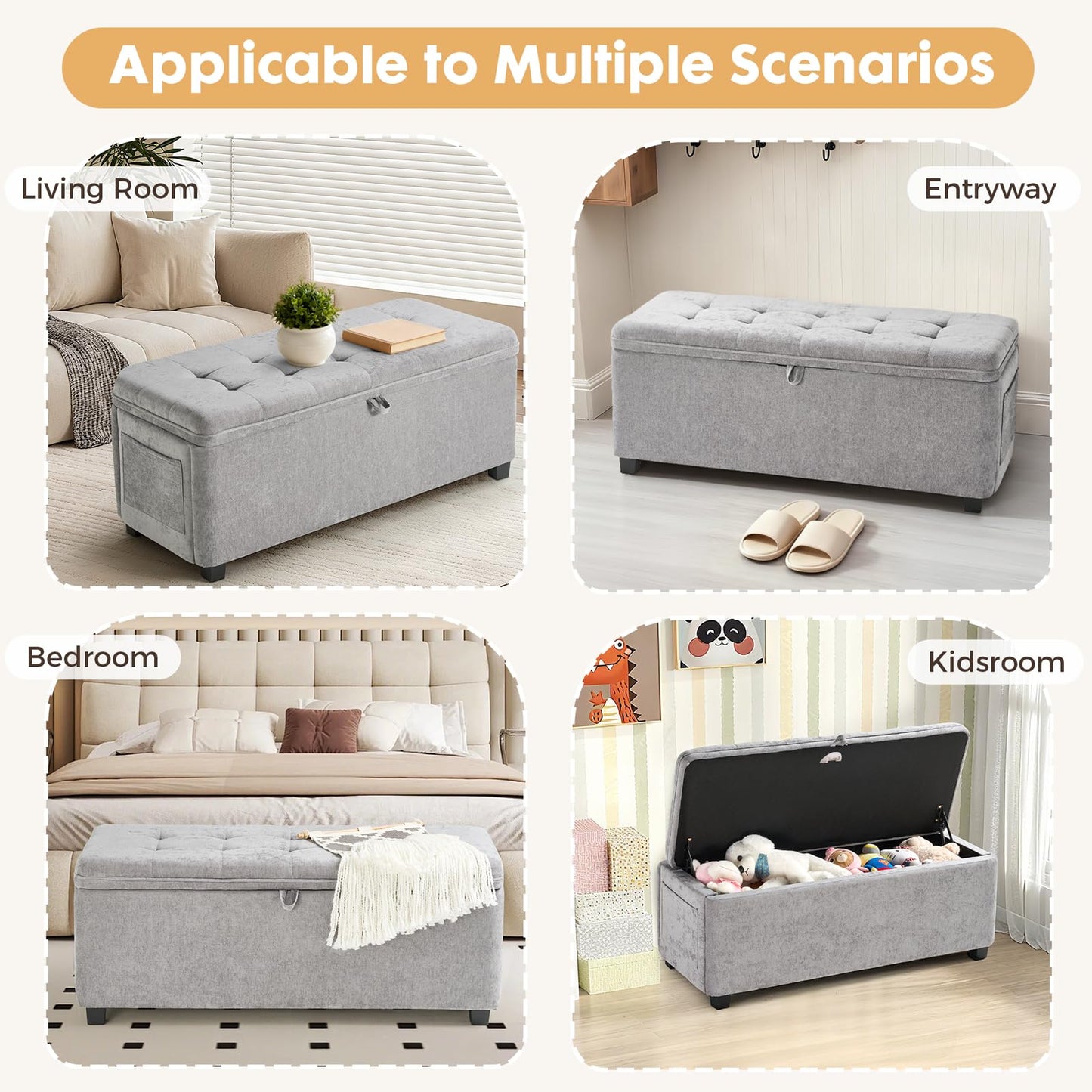 2BYF Storage Ottoman Bench with Lift Top, End of Bed Bench for Bedroom, Living Room & Entryway Storage Seat Shoe Bench with Storage (Gray)