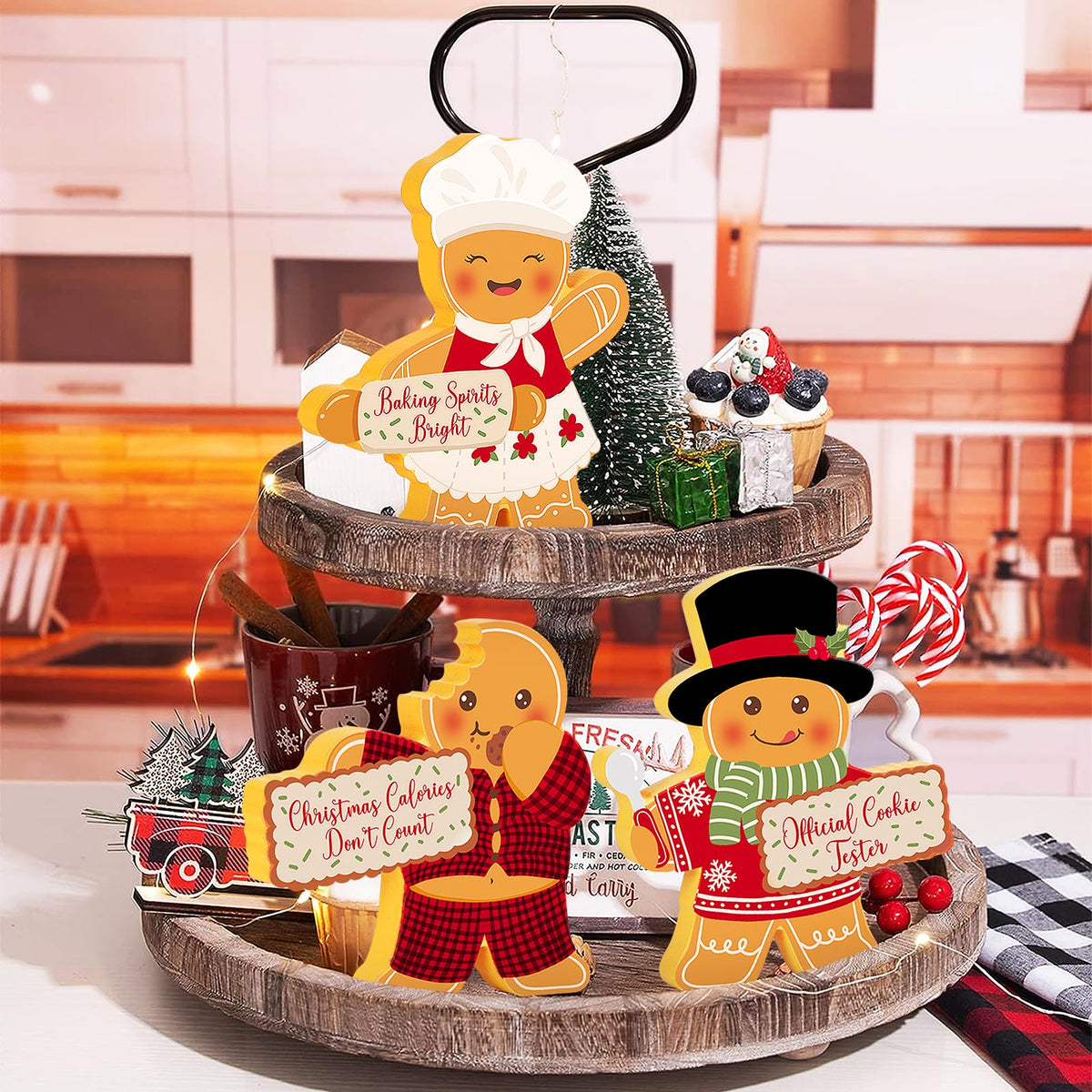 COCHIE Gingerbread Man Christmas Decorations Indoor, Cute Gingerbread Man Tiered Tray Decor Set of 3, Wooden Gingerbread Man Blocks Xmas Table Decoration for Party Home Office Shelf Door (Kitchen)