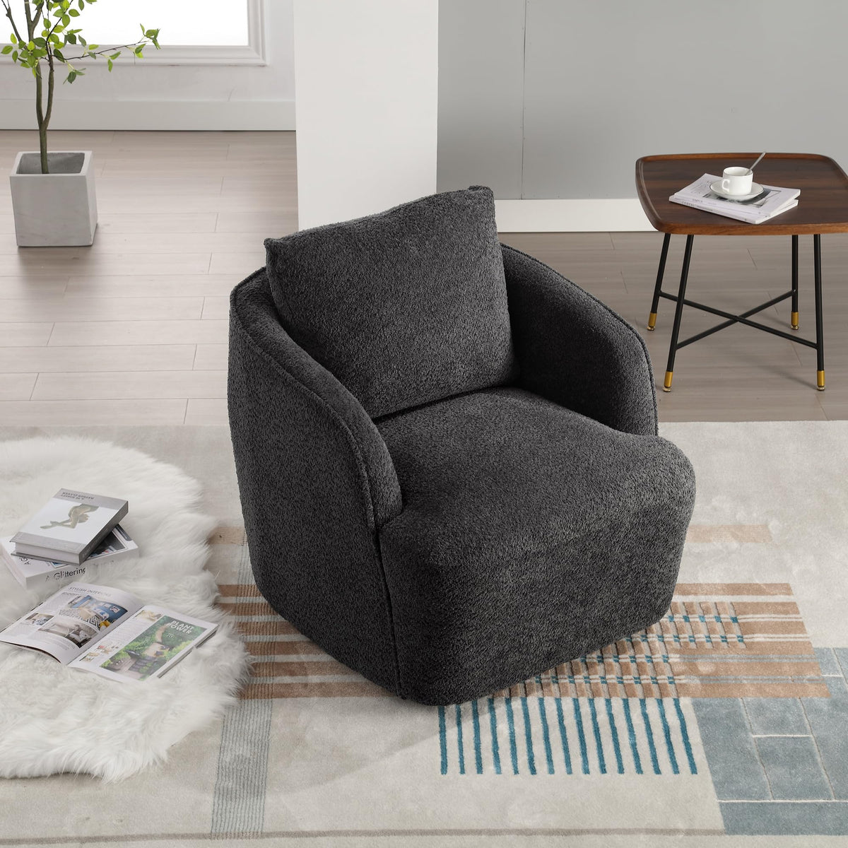 KEIKI 30" Boucle Round Accent Oversized Single Sofa Chair with High Resilience Cushion, Modern Style Upholstered Swivel Accent Barrel Chair, Lounge Armchair, Easy Assembly, for Living Room, Charcoal