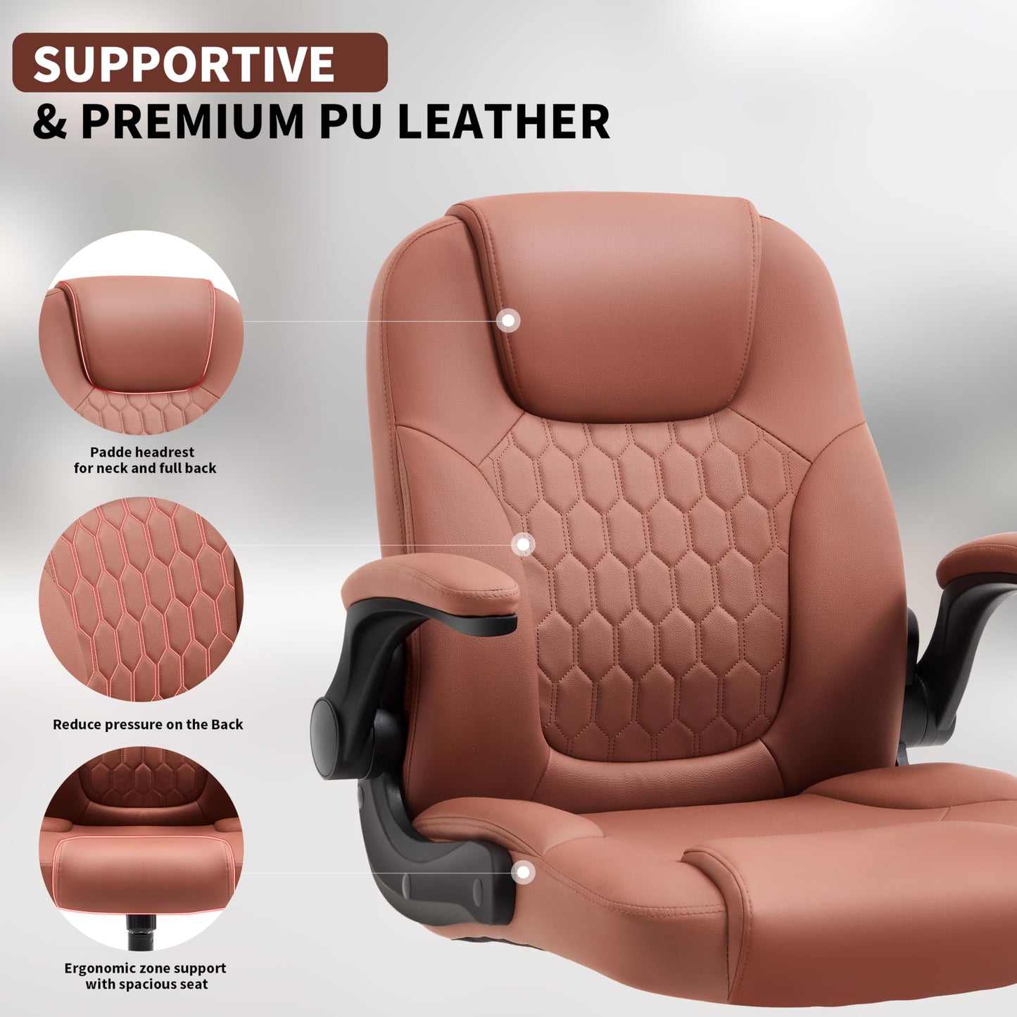 Nexthro Executive Office Chair PU,Leather Office Chair with Wheels,360° Swivel Rolling Chair with Padded Arms,Ergonomic Computer Chair with Lumbar Support for Short People Use(Brown)