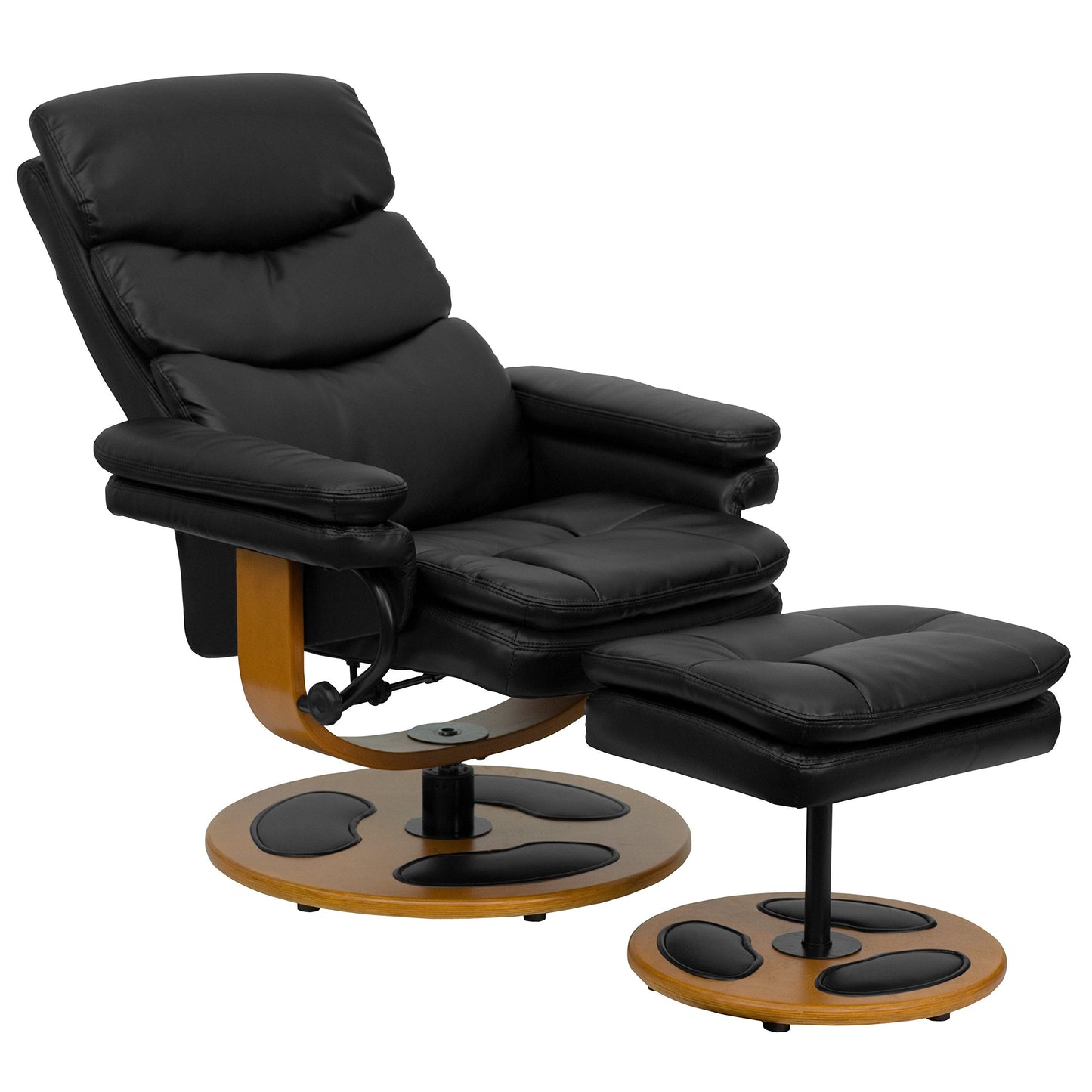 Flash Furniture Whitney Contemporary Multi-Position Recliner and Ottoman with Wood Base in Black LeatherSoft