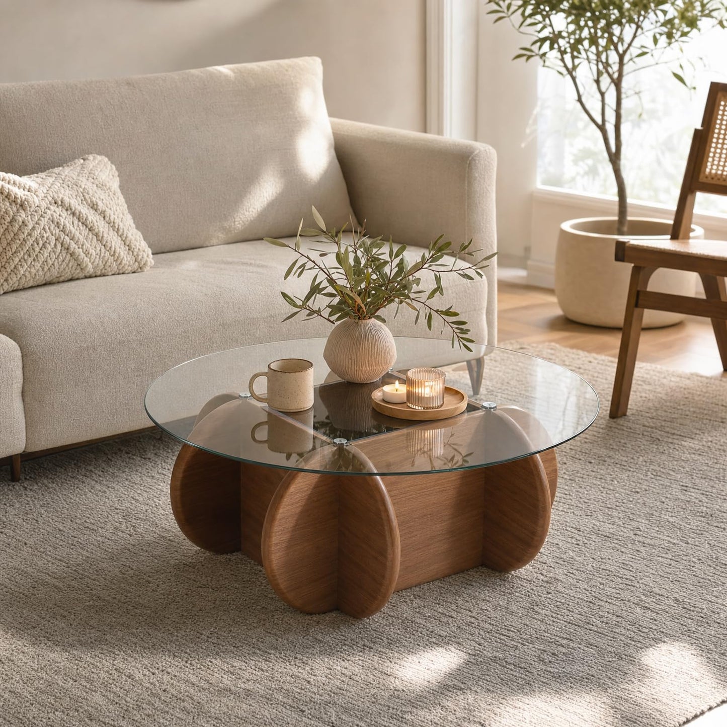 TATBTCT Transparent Round Glass Coffee Tables Noguchi Elegant Round Coffee Table with Solid Wood Legs and Tempered Glass Tabletop for Living Room Home Small Space Reception Office Tables 31.5"