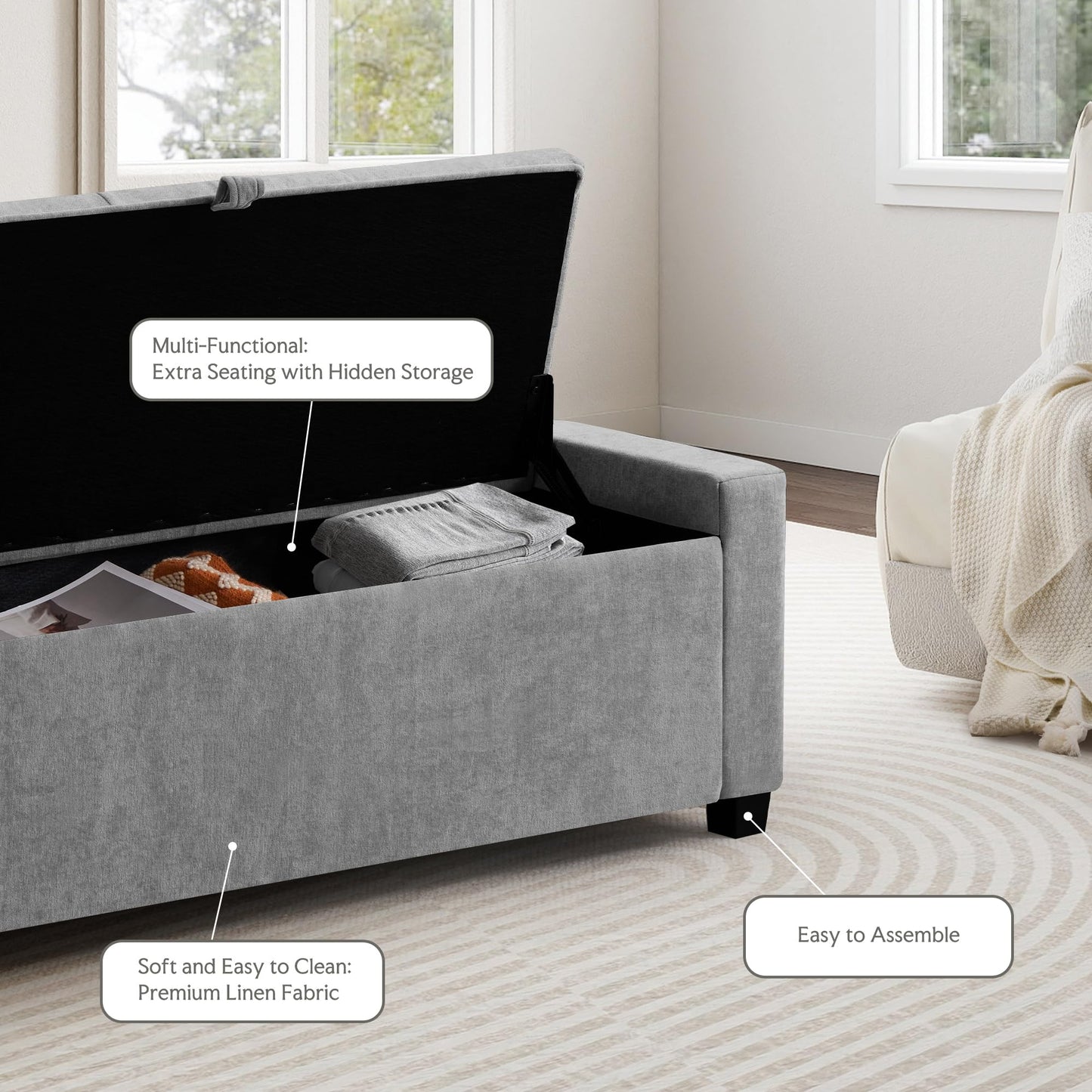GRAINELL 42.13” Storage Ottoman Bench, Upholstered Tufted Bedroom Bench with Storage, End of Bed Storage Bench for Living Room & Entryway, 350 lb Capacity, Linen Light Gray