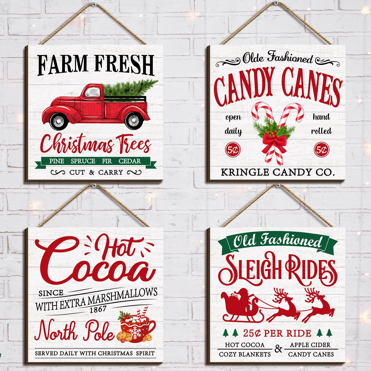Pinkunn 4 Pieces Christmas Hanging Wooden Sign Christmas Wall Decorations Farm Fresh Hot Cocoa Candy Canes Sleigh Rides Deer Truck Decor Xmas Farmhouse Hanging Plaque for Home Porch Holiday