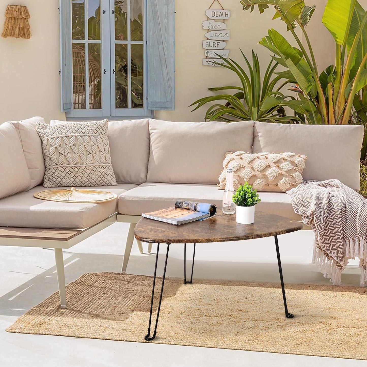 FEUFOAM Folding Coffee Table Triangle Designs Oval Coffee Tables Mid Century Wooden Triangular Accent Table with Metal Legs Foldable Industrial Sofa Center Table for Living Room Space Saving