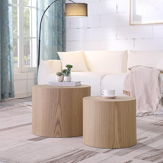 Small Round Coffee Table Nesting End Table Set of 2, Wood Side Circle Accent
