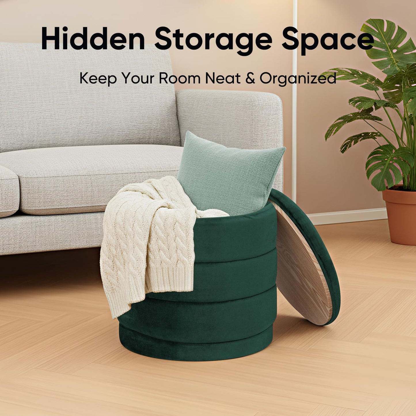 ZOLANOful 15.4" Round Velvet Storage Ottoman with Reversible Lid, Upholstered Circular Ottoman Footrest with Hidden Storage, Foldable Padded Footstool for Dorm Living Room & Bedroom, Bottle Green