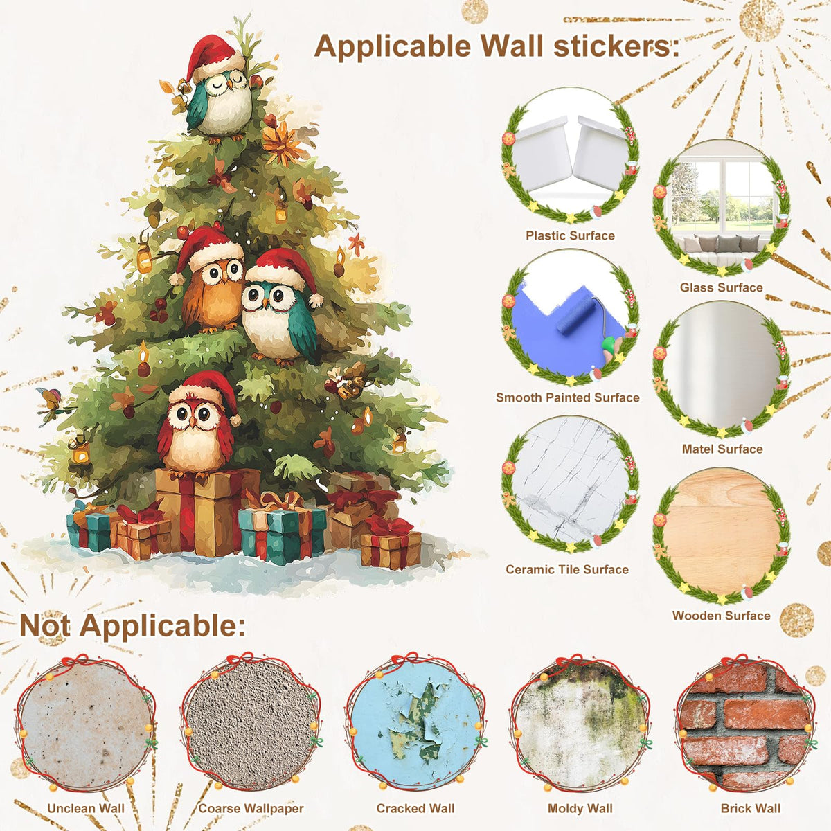 MeyRolizn Merry Christmas Tree Wall Decal Christmas Cute Window Clings Wall Decals Peel and Stick Christmas Decor Wall Stickers for Winter Room Kitchen Bathroom Party Holiday Decoration