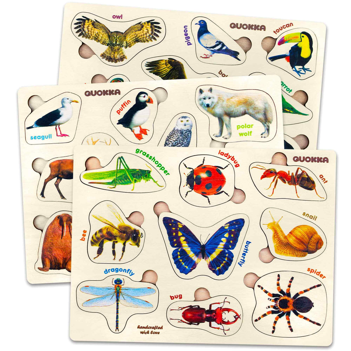 QUOKKA Wooden Puzzles for Toddlers 1-3 – 3xSET Kids Puzzles Ages 2-4 – Montessori Toy Puzzle for Toddlers 3-5 – Wood Toy Learning Realistic Insects - Arctic Animals - Birds for Boy and Girl