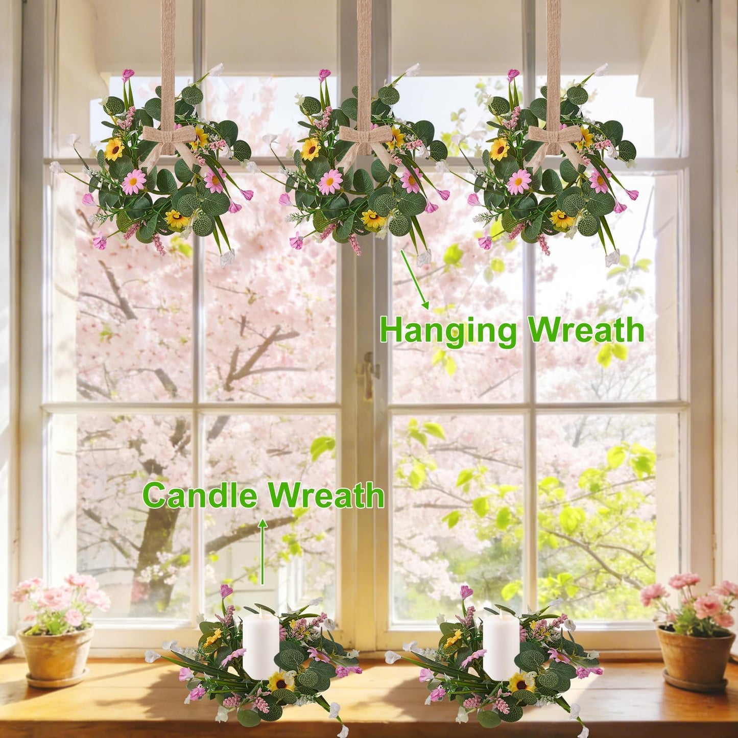 Spring Summer Wreath 6Pcs, 11.8 Inch Summer Wreath with Ribbon, Artificial Daisy Eucalyptus Leaves Grass Wreath, Hanging/Tabletop/Candle Ring Decor for Home Front Door, Porch, Wall, Window, Cabinets