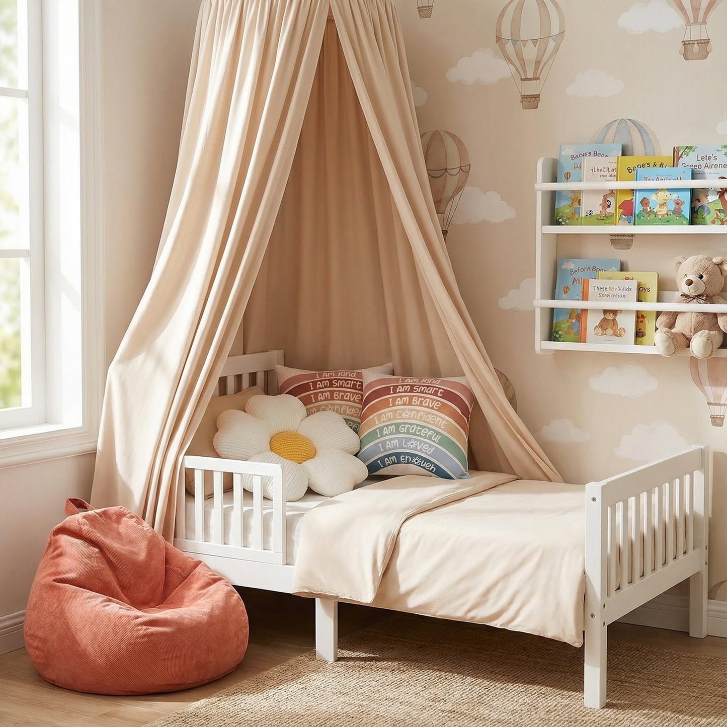 Hillsuren 5 Pcs Kids Reading Corner Set Reading Nook Bean Bag Chair Cover with Canopy Tent, Throw Pillow Cover (No Filler) and Flower Pillow for Bedroom Playroom Nursery Corner Decoration(Beige)