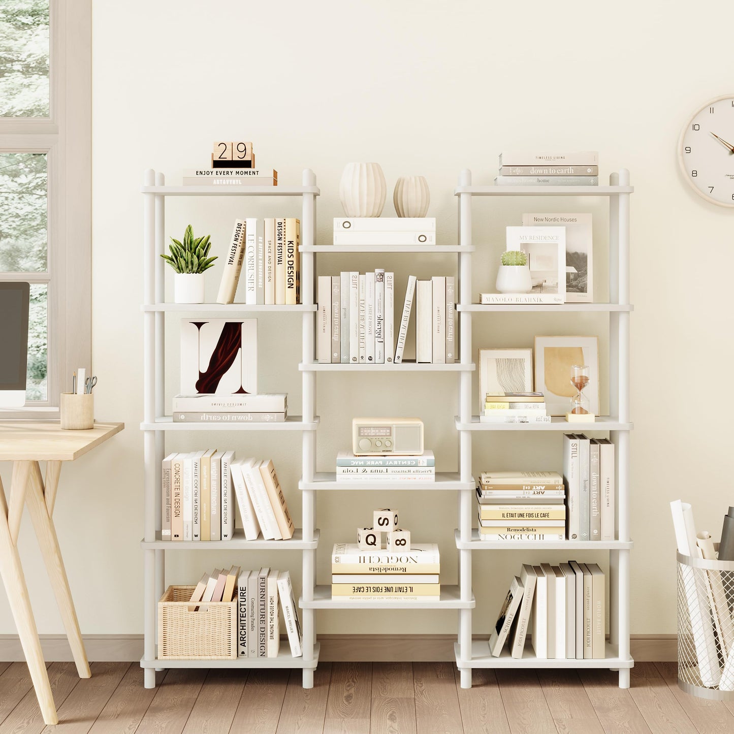 IOTXY Wooden Triple Wide Bookshelf - 5-Tier Large Shelf Bookcase with Solid Beech Frame, Tall Freestanding Open Etagere Display Rack for Home Office, White