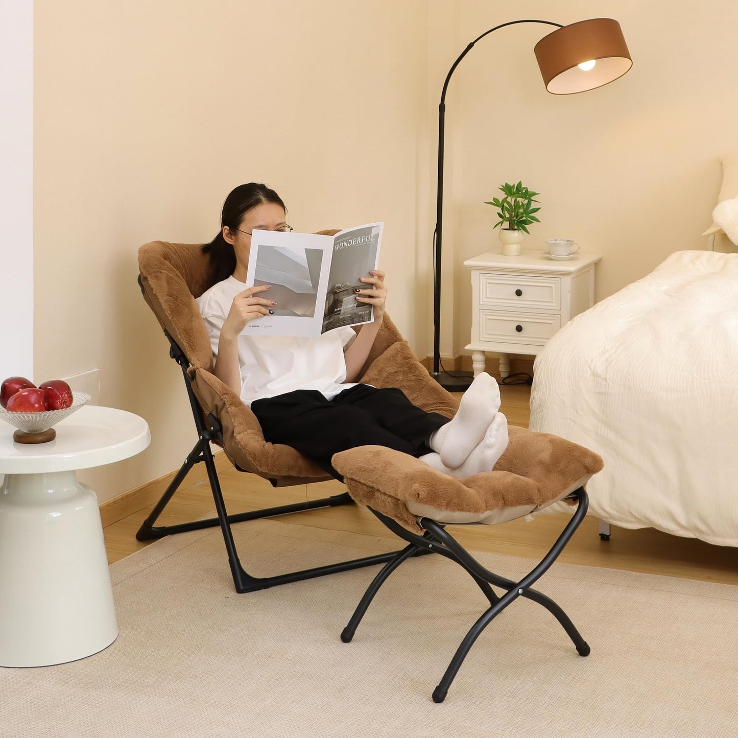 Mordchil HF Comfy Saucer Chair for Adults, Set of 2, Soft Faux Fur Bedroom Chair, Accent Dorm Chairs, Flexible Living Room Reading Chairs, Oversized Folding Lounge Seat for Teens, X-Large, Brown