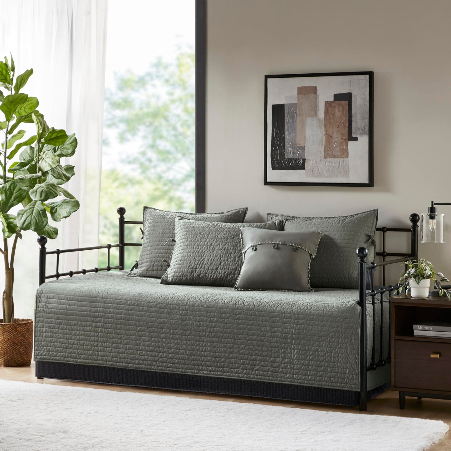 Madison Park Ridge Daybed Cover Set - Cabin Lodge Plaid Herringbone Print Reversible Design, All Season Luxury Bedding with Bedskirt, Matching Shams, Decorative Pillow, 39"x75", Grey 6 Piece