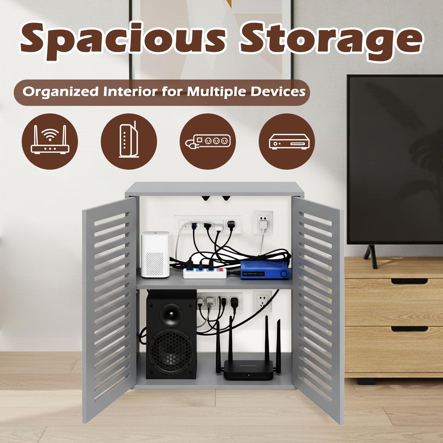 WiFi Router Storage Cabinet, Floor Standing Router Storage Box Modem, Multi-Functional Router Storage Box, Power Strip and Cable Management Hider Organizer for Living Room, Office, Bedroom, Gray