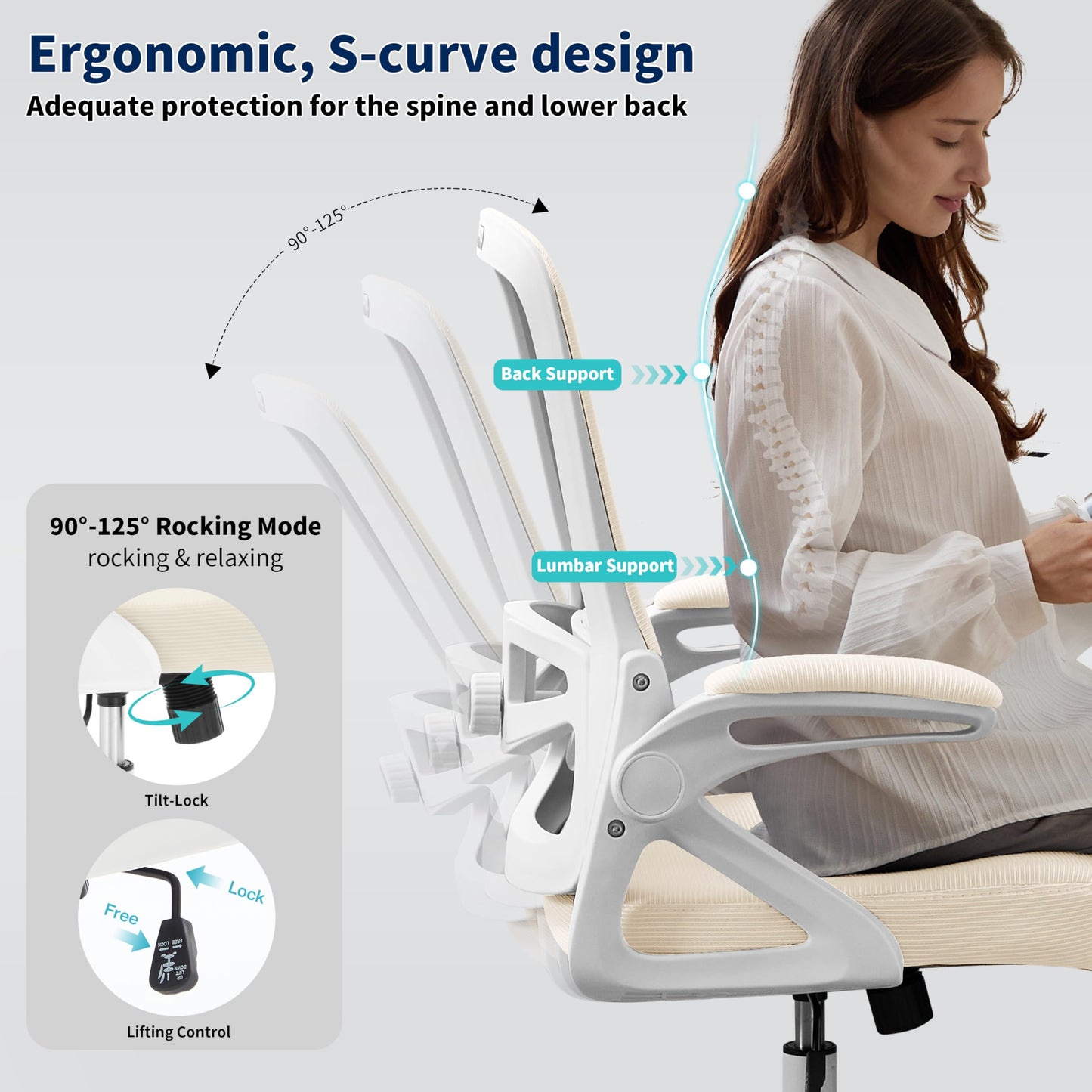 Ergonomic Office Chair, Desk Chair with Adjustable Lumbar Support, Breathable Mesh Comfy Computer Chairs with Flip-up Armrests Executive Task Chair for Adults Home Office (Buff Beige)