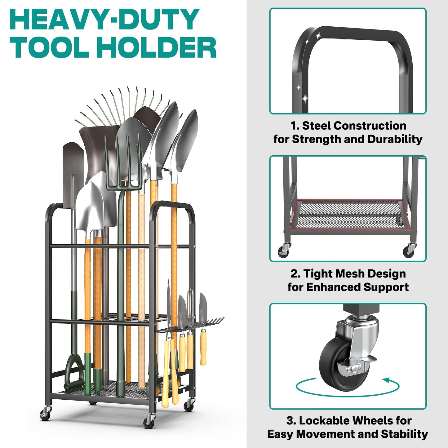 EVERHANGER Garden Tool Organizer and Storage, Yard Tool Stand Garage Tool Organization, Yard Tool Racks for Indoor/Outdoor Use