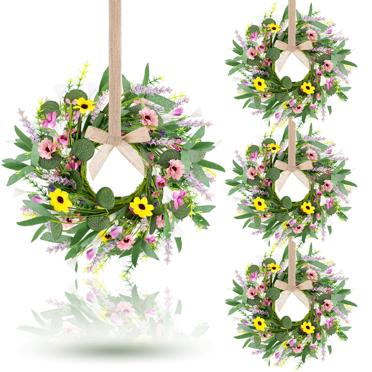 4 Pcs 9" Mini Spring Summer Flowered Wreath Floral Wedding Candle Rings Wreaths Kitchen Cabinet Wreaths with Ribbon for Pillars Wedding Table Centerpiece Farmhouse Party Home Door All Seasons Decor