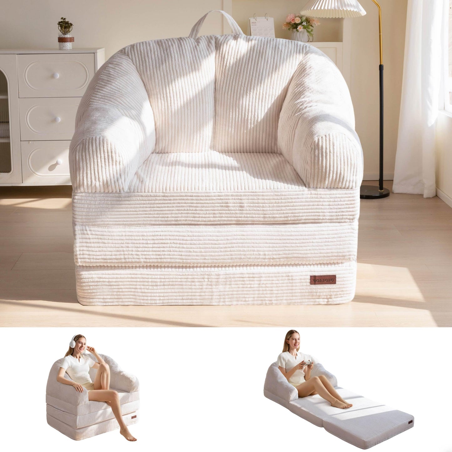 MAXYOYO Folding Sofa Bed with Backrest, Boneless Fold Out Couch Bed with Handle, 2 in 1 Convertible Bean Bag Chair to Floor Sofa Lounger, Comfy Folding Couch for Bedroom & Living Room, Beige