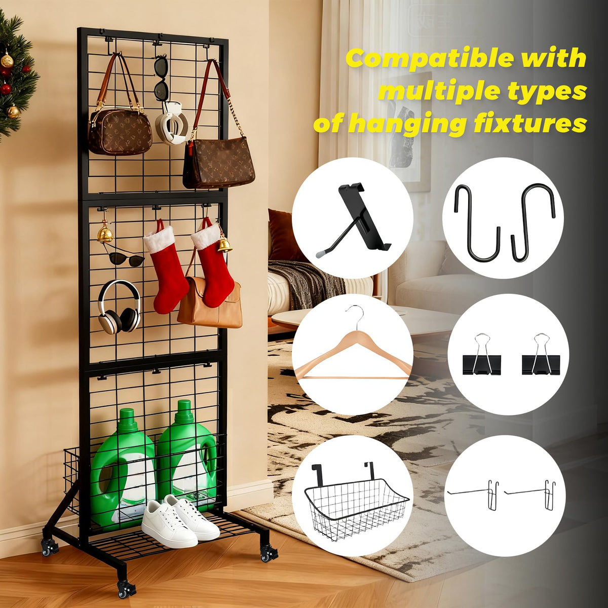 APshouhu Foldable Grid Wall Panels, Gridwall Panels with Folding Baskets, Tool-Free Assembly and Folding, for Storage and Retail Merchandise Display (Black)