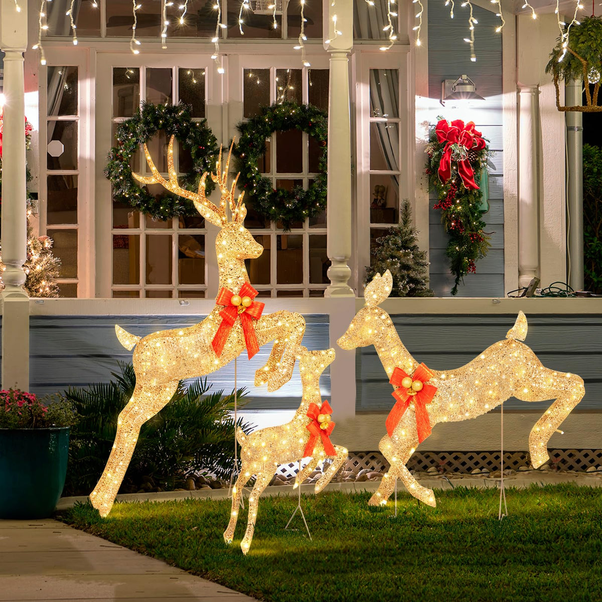 LOENIY 3-Piece Lighted Reindeer Christmas Decoration with 210 Warm White LED Lights, 5FT 3D Glittered Christmas Deer Family Set Outdoor Decorations, Plug in Deer Decor for Lawn Yard Patio Garden
