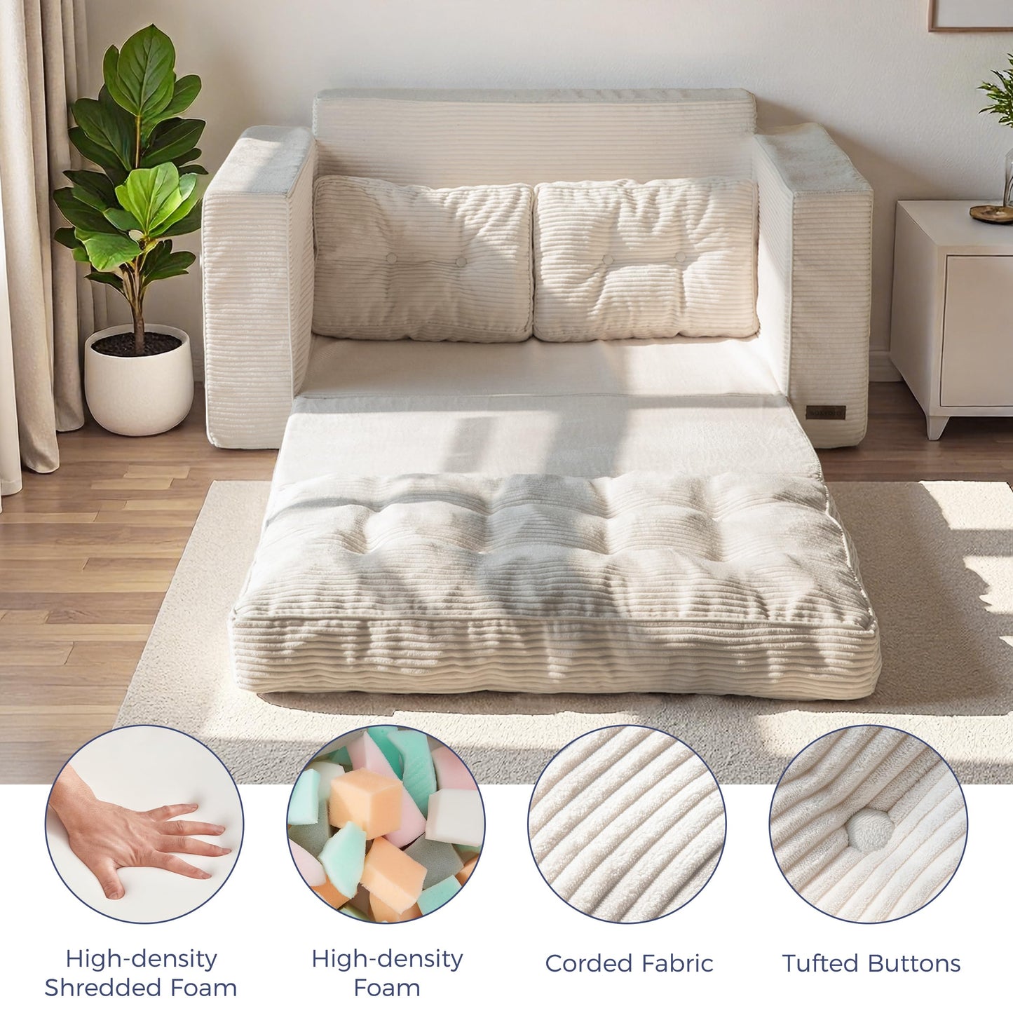 MAXYOYO Convertible Sofa Bed, Pull Out Loveseat Sofa Couch, Fold Out Floor Couch with Pillows for Living Room Bedroom Lounge, Beige